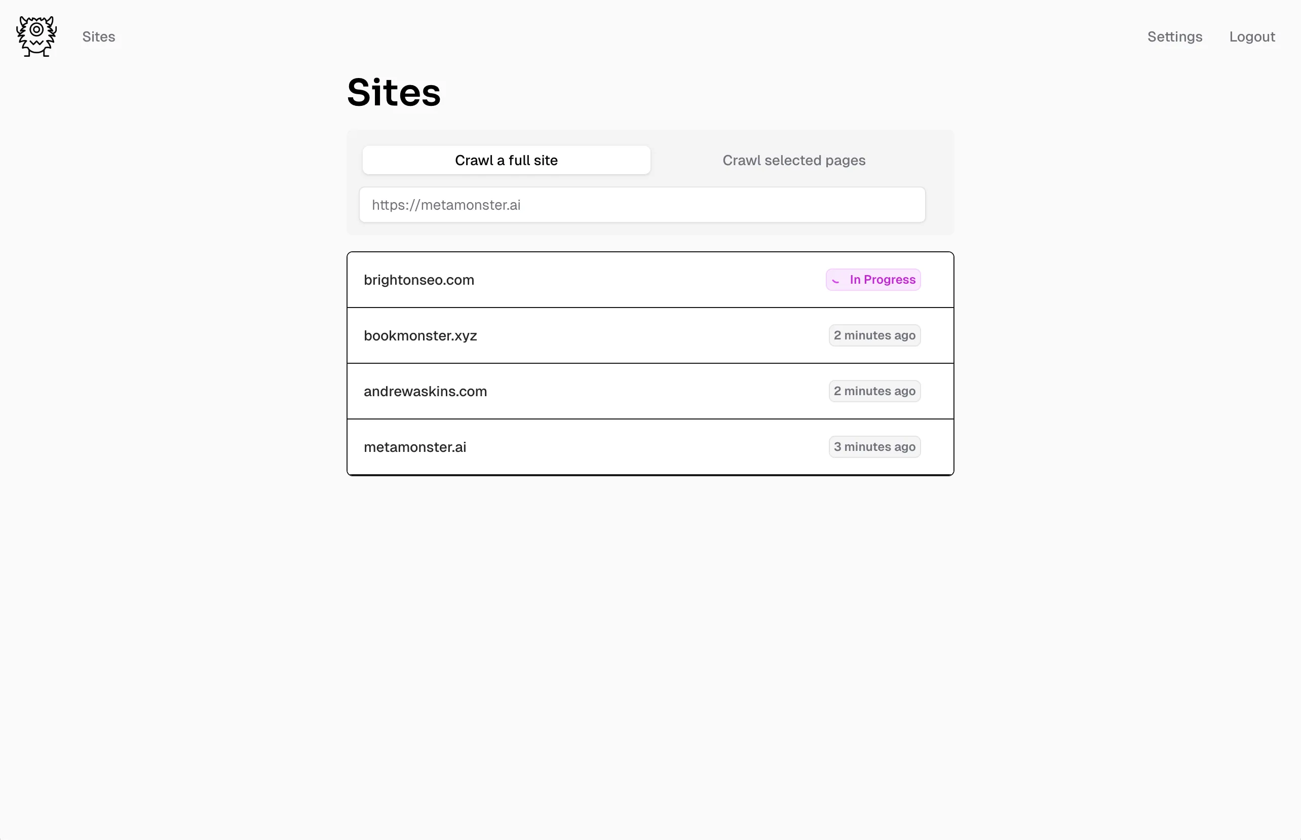 Sites screen