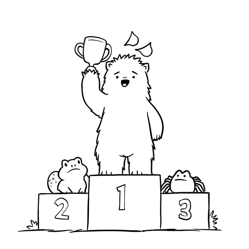 An image of a MetaMonster standing on a podium in first place over a frog and a spider
